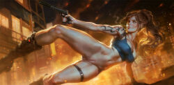1girl black_lagoon boots bottomless breasts brown_hair cigarette city cleft_of_venus crop_top embers finger_on_trigger fingerless_gloves gloves gun handgun large_breasts lips long_hair navel patreon_username pistol ponytail pussy revy_(black_lagoon) shoulder_tattoo smoking solo suppressor tank_top tattoo thigh_strap tixnen tribal_tattoo uncensored watermark weapon web_address