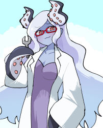 1girl alternate_costume aqua_background blue_hair blue_skin blush breasts cleavage closed_mouth coat collarbone colored_skin doroidsan dress glasses holding holding_wrench long_hair long_sleeves looking_to_the_side medium_breasts molly_(omori) omori open_clothes open_coat purple_dress red-framed_eyewear red_eyes solo swept_bangs tentacle_hair tentacle_hands wavy_hair white_background white_coat wrench