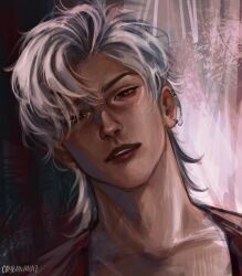 1boy chain chain_earrings collarbone crybanana77 earrings eyes_visible_through_hair hair_over_one_eye highres jewelry looking_at_viewer love_and_deepspace male_focus nose parted_bangs parted_lips portrait red_eyes red_sleeves short_hair solo sylus_(love_and_deepspace) teeth upper_teeth_only white_hair wolf_cut