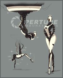 1girl aperture_laboratories bald bald_female breasts cable cleavage colored_skin commentary english_commentary glados glowing glowing_eye hanging_from_ceiling highres justrube looking_down multiple_views portal_(series) redesign robot standing thick_thighs thighs upside-down wide_hips yellow_eyes