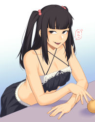 1girl :d absurdres bikini bikini_top_only black_bikini black_eyes black_hair black_skirt breasts cleavage criss-cross_halter dyun hair_bobbles hair_ornament halterneck highres leaning_forward long_hair looking_at_viewer open_mouth original skirt smile solo swimsuit two_side_up