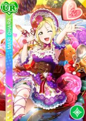 10s armpits blonde_hair blush character_name dress food happy headdress love_live!_school_idol_festival love_live!_sunshine!! ohara_mari short_hair sweets valentine wink yellow_eye