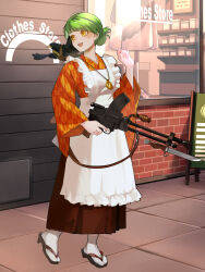 Rule 34 | 1girl, :d, apron, bayonet, bird, crow, dairoku ryouhei, day, full body, green hair, gun, hair up, hand up, highres, hikita kikuzuki, holding, holding gun, holding weapon, japanese clothes, jewelry, kimono, napthol (tw), necklace, open mouth, outdoors, sandals, smile, socks, solo, standing, weapon, white socks, yagasuri, yellow eyes