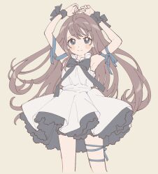 Rule 34 | 1girl, absurdres, ahoge, arm ribbon, armpits, arms up, black bow, black bowtie, black petticoat, black scrunchie, blue eyes, blue ribbon, blush stickers, bow, bowtie, brown hair, closed mouth, cropped legs, dress, floating hair, frilled shirt collar, frills, grey background, high-waist dress, high collar, highres, leg ribbon, long hair, looking at viewer, namori, original, petticoat, ribbon, scrunchie, simple background, sleeveless, sleeveless dress, smile, solo, thigh ribbon, very long hair, white dress