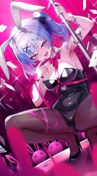 1girl :d absurdres ace_(playing_card) ace_of_hearts animal_ears arm_up armpits black_footwear black_leotard black_ribbon blue_eyes blue_hair blurry blurry_foreground bow bowtie breasts card clothing_cutout covered_navel cuffs detached_collar full_body gradient_hair hair_ornament hair_ribbon hairband hand_to_own_mouth handcuffs hatsune_miku heart heart-shaped_pupils heart_cutout heart_hair_ornament high_heels highres kai_(esugi) leotard looking_at_viewer multicolored_hair nine_of_spades open_mouth pink_bow pink_bowtie pink_hair pink_nails pink_pupils playboy_bunny playing_card pole pumps pure_pure_(rabbit_hole) rabbit_ears rabbit_hole_(vocaloid) ribbon seven_of_clubs smile squatting strapless strapless_leotard stripper_pole symbol-shaped_pupils teardrop_facial_mark three_of_diamonds three_of_hearts tongue tongue_out twintails two_of_hearts vocaloid white_hairband wrist_bow x_hair_ornament x_x