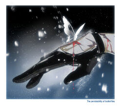 1other black_gloves bleeding blood blood_drip blood_on_hands border bug butter butterfly butterfly_on_hand food gloves glowing half_gloves hand_focus haze insect lantercat light_particles multiple_scars omniscient_reader&#039;s_viewpoint scar secretive_plotter snow solo two-tone_background white_border