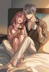 Rule 34 | 1boy, 1girl, barefoot, blue eyes, brown shirt, couple, cup, cyrene (honkai: star rail), feet, gold tattoo, hashtag-only commentary, hetero, holding, holding cup, honkai: star rail, honkai (series), hyohls2 (hamao3o), indoors, medium hair, neck tattoo, on bed, pajamas, pants, phainon (honkai: star rail), pink hair, pink pajamas, shirt, short hair, sitting, smile, tattoo, twitter username, white pants