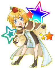 1girl :d apple_on_head arrow_through_apple blonde_hair blue_dress boots brown_boots brown_cape brown_dress brown_gloves cape commentary_request dress full_body fur-trimmed_cape fur_trim gloves grey_hair high_wizard_(ragnarok_online) layered_dress leaning_forward looking_at_viewer nayuruonline open_mouth ragnarok_online short_dress short_hair simple_background smile solo star_(symbol) teeth upper_teeth_only white_background