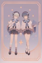 2boys ahoge alternate_costume black_collar black_hair black_ribbon black_shoes black_shorts black_socks blue_bow blue_ribbon book border bow brooch brown_trim check_clothing chongyun_(genshin_impact) closed_mouth clothing_request collar commentary covering_own_mouth english_commentary fleur-de-lis food frilled_collar frills genshin_impact gold_trim gradient_background grey_eyes hat hat_bow hat_ornament hat_ribbon highres holding holding_book holding_food holding_popsicle jewelry light_blush light_smile multiple_boys neck_ribbon orange_border popsicle purple_background purple_trim ribbon shinyshynii shoes shorts socks star_(symbol) star_hat_ornament swept_bangs thighhighs white_background white_hair white_poncho white_socks white_thighhighs xingqiu_(genshin_impact) yellow_eyes