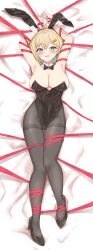 1girl absurdres animal_ear_hairband animal_ears arms_behind_head black_bow black_bowtie black_leotard black_pantyhose black_shoes bound bow bowtie breasts cleavage dakimakura_(medium) detached_collar fake_animal_ears from_above full_body hairband high_heels highres large_breasts leotard lying namako32 original pantyhose playboy_bunny rabbit_ears red_ribbon ribbon shoes solo strapless strapless_leotard thigh_gap thighband_pantyhose tied_up_(nonsexual) wrist_cuffs