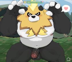 1boy absurdres artist_logo artist_name bara bare_pectorals belly biceps blush commentary english_commentary fat fat_man foreskin furry furry_male heart highres logo looking_at_viewer male_focus mossanda_lux navel nipples palworld pectorals penis precum speech_bubble spoken_heart testicles warr_(youdil1004)