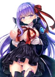 10s 1girl bb_(fate) bb_(fate/extra) black_skirt breasts censored clothing_aside cowboy_shot fate/extra fate/extra_ccc fate_(series) female_focus gloves gluteal_fold grabbing_another&#039;s_breast groping highres large_breasts long_hair long_sleeves looking_at_viewer mosaic_censoring nipples panties panties_aside purple_eyes purple_hair pussy pussy_juice red_ribbon ribbon see-through_clothes sex_toy simple_background skirt smile solo standing thigh_gap thighhighs underwear very_long_hair vibrator vibrator_in_thighhighs white_background white_gloves wide_sleeves yako