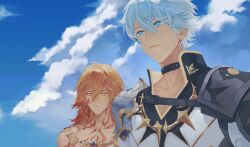 2boys armor black_choker black_shirt blonde_hair blue_eyes blue_sky braid chest_tattoo chinese_commentary chnl16031999 choker coat commentary_request facial_tattoo gold_necklace gradient_hair hair_between_eyes highres honkai:_star_rail honkai_(series) jewelry male_focus medium_hair multicolored_hair multiple_boys mydei_(honkai:_star_rail) necklace pauldrons phainon_(honkai:_star_rail) red_hair red_tattoo shirt short_hair shoulder_armor side_braid single_pauldron sky tattoo white_coat white_hair yellow_eyes