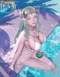 1girl 2girls armpits bare_shoulders bikini blush breasts cape cleavage closed_mouth collarbone cup fire_emblem fire_emblem:_three_houses fire_emblem_heroes flower from_above glass green_eyes green_hair hair_flower hair_ornament highres irisl large_breasts long_hair looking_at_viewer multiple_girls navel nintendo ocean official_alternate_costume open_mouth outdoors palm_leaf palm_tree rhea_(fire_emblem) rhea_(summer)_(fire_emblem) sideboob smile solo swimsuit tree water white_bikini