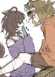 1mg3ar 2girls agnes_tachyon_(umamusume) ahoge animal_ears bare_shoulders book bra_strap braid brown_eyes brown_hair brown_shorts chemical_structure closed_mouth covering_own_mouth earrings foot_kabedon hair_ornament hairclip half_up_braid highres holding holding_book hood hood_down hoodie horse_ears horse_girl horse_tail jewelry jungle_pocket_(umamusume) kabedon long_sleeves looking_at_another medium_hair multiple_girls off-shoulder_shirt off_shoulder orange_hoodie pencil_skirt red_eyes shirt shorts simple_background single_earring skirt sleeves_past_wrists smile tail umamusume white_background yuri