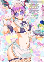 apron bikini black_bikini blue-tinted_eyewear covered_erect_nipples cowboy_shot darkstalkers demon_girl demon_wings flat_chest gradient-tinted_eyewear head_wings heart heart-shaped_eyewear holding holding_tray lilith_(darkstalkers) maid maid_day maid_headdress missing_commentary purple-tinted_eyewear purple_eyes purple_hair rosie_rosie short_hair sunglasses swimsuit tinted_eyewear tray watermark white_apron wings