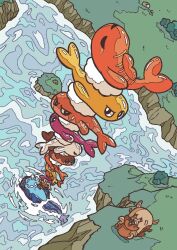 Rule 34 | alternate color, animal focus, annoyed, black eyes, bright pupils, closed eyes, closed mouth, debudebumetabo, dondozo, fish, full body, gen 8 pokemon, greedent, lake, nintendo, no humans, open mouth, outdoors, pokemon, pokemon (creature), shiny pokemon, squirrel, stack, tail, tatsugiri, tatsugiri (curly), tatsugiri (droopy), tatsugiri (stretchy), teeth, water, white pupils