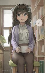 1girl absurdres aqua_eyes artist_name backlighting black_pantyhose book bookshelf bow brown_hair brown_skirt cabinet cardigan chair choppy_bangs coffee_mug collared_shirt commentary_request crescent crescent_hair_ornament crotch_seam cup dated drawer dress_shirt eyewear_around_neck feet_out_of_frame glasses hair_bow hair_intakes hair_ornament highres holding holding_cup indoors light_blush long_hair mug musical_note open_cardigan open_clothes open_mouth original panties panties_under_pantyhose pantyhose pantyshot pencil_skirt plant potted_plant purple_cardigan shirt sitting skirt smile solo speech_bubble spoken_musical_note straight_hair susu_(ysy) underwear upskirt white_bow white_panties white_shirt window