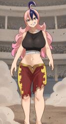 Rule 34 | bandages, breasts, collarbone, colorized, dead rock, freyr (dead rock), gaston18, highres, large breasts, long hair, mashima hiro, midriff, multicolored hair, navel, pink hair, smile, teeth, two-tone hair