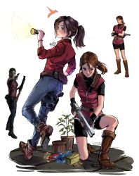 Rule 34 | belt, bike shorts, bike shorts under shorts, blue eyes, boots, brown hair, bullet, claire redfield, denim, dual persona, flashlight, frayed shorts, gun, handgun, highres, holster, jacket, jeans, kuroiitulip, on one knee, pants, plant, ponytail, potted plant, red jacket, reference inset, resident evil, resident evil 2, resident evil 2 (remake), serious, short shorts, shorts, shotgun, simple background, thigh holster, utility belt, vest, walkie-talkie, weapon