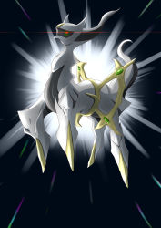 absurdres arceus artist_request black_background creatures_(company) floating full_body game_freak gen_4_pokemon glowing glowing_eyes highres horns legendary_pokemon mythical_pokemon nintendo no_humans pokemon pokemon_(creature) red_eyes tail