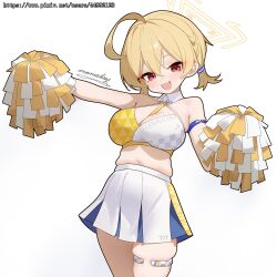 1girl absurdres blonde_hair blue_archive blush breasts cheerleader cleavage halo hands_up highres holding holding_pom_poms kotori_(blue_archive) kotori_(cheer_squad)_(blue_archive) large_breasts looking_at_viewer millennium_cheerleader_outfit_(blue_archive) momobug22 navel open_mouth plump pom_pom_(cheerleading) pom_poms red_eyes short_hair short_twintails signature skindentation skirt smile solo sports_bra thighs transparent_background triangle_halo twintails two-tone_sports_bra watermark web_address white_skirt yellow_halo
