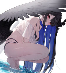 1girl alternate_costume asymmetrical_horns barefoot bikini bikini_under_clothes black_bikini black_choker black_hair black_wings blue_hair breasts choker cleavage closed_mouth colored_inner_hair commentary cropped_shirt english_commentary feathered_wings feet flower from_side full_body highres hololive hololive_english horn_flower horns hoshi_usagi large_breasts long_hair looking_at_viewer low_wings mole mole_under_eye multi-strapped_bikini_bottom multicolored_hair nerissa_ravencroft off-shoulder_shirt off_shoulder red_eyes shirt sidelocks simple_background smile soaking_feet solo squatting swimsuit t-shirt uneven_horns very_long_hair virtual_youtuber water wet wet_clothes wet_shirt white_background white_shirt wings