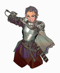 1girl absurdres armor belt belt_bag belt_buckle black_bag black_belt blonde_hair blue_skirt book braid breastplate brown_belt brown_pants buckle commentary commission cornrows cropped_legs dark-skinned_female dark_skin ear_piercing english_commentary eyelashes gauntlets gloves grey_hair hair_over_shoulder highres holding holding_sword holding_weapon knight ko-fi_commission light_blush lipstick long_hair makeup miniskirt multicolored_hair multiple_piercings open_mouth original pants pauldrons piercing pink_lips sheath shoulder_armor showgirl_skirt simple_background single_braid skirt smile solo somersaultdropkick streaked_hair sword teeth thick_eyebrows weapon white_background white_gloves yellow_eyes