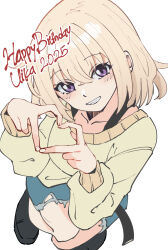 1girl absurdres bang_dream! bang_dream!_it&#039;s_mygo!!!!! blonde_hair blue_shorts clenched_teeth commentary four-finger_heart_hands hair_between_eyes happy_birthday heart heart_hands highres long_sleeves looking_at_viewer masruu medium_hair misumi_uika open_mouth purple_eyes shorts simple_background solo sweater teeth white_background yellow_sweater