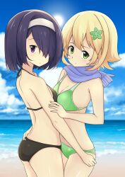 Rule 34 | 2girls, aoi illust 2077, ass, bare arms, bare legs, bare shoulders, beach, bikini, black bikini, blonde hair, blue scarf, breasts, closed mouth, cloud, day, dot nose, feet out of frame, female focus, gabriel dropout, green bikini, green eyes, hair ornament, hair over one eye, headband, highres, kurona mei, legs, looking back, medium breasts, medium hair, multiple girls, purple eyes, purple hair, sand, scarf, scenery, shiny skin, sky, small breasts, standing, swimsuit, tapris chisaki sugarbell, water, white headband