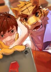 2boys animal_ears annoyed closed_mouth collarbone flower furry furry_male hand_on_another&#039;s_cheek hand_on_another&#039;s_face highres hiroyuki_nishimura_(morenatsu) holding holding_phone looking_at_viewer male_focus morenatsu multiple_boys open_mouth phone pushing_away saikorodekimeru school_uniform selfie smile squeezing sweatdrop thick_eyebrows tiger_boy tiger_ears tiger_stripes torahiko_oshima yellow_flower
