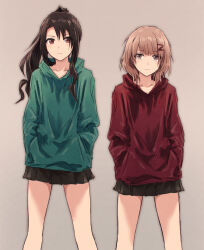2girls :| akikaze_rui black_hair black_skirt brown_eyes brown_hair bullfalk closed_mouth collarbone commentary_request drawstring expressionless feet_out_of_frame gradient_background green_hoodie grey_background hair_between_eyes hair_over_one_eye hands_in_pockets high_ponytail highres hood hood_down hoodie legs_apart long_hair long_sidelocks long_sleeves looking_at_viewer medium_hair miniskirt multiple_girls pleated_skirt ponytail red_hoodie shoujo_kageki_revue_starlight shoujo_kageki_revue_starlight_-re_live- side-by-side sidelocks skirt standing tanaka_yuyuko
