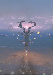 1girl absurdres back beach bird cloud cloudy_sky dress hatsune_miku highres jumping outstretched_arms qian_he_shui_cheng scenery seagull sky solo star_(symbol) twintails vocaloid white_dress