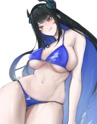 Rule 34 | 1girl, absurdres, bikini, black hair, black horns, blue bikini, blue hair, breasts, colored inner hair, highres, hololive, hololive english, horns, huge breasts, long hair, mole, mole under eye, multicolored hair, navel, nerissa ravencroft, red eyes, simple background, skindentation, slit pupils, solo, spicyyrum, swimsuit, tongue, tongue out, very long hair, virtual youtuber, white background