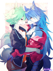 2girls animal_ear_fluff animal_ears animal_nose artist_name belt wallet_chain black_choker black_jacket black_pants black_sclera black_shirt blue_eyes blue_fur blue_hair body_fur border borrowed_character bracelet breast_press breasts brown_shorts butterfly_earrings choker chromatic_aberration cleavage closed_mouth colored_sclera cowboy_shot cross-laced_pants earrings eye_contact female_focus fox_ears fox_girl fox_tail from_side furry furry_female furry_with_furry green_fur green_hair hair_flaps half-closed_eyes happy heart heart_earrings highres holding_another&#039;s_tail hug jacket jewelry leg_between_thighs light_particles long_hair looking_at_another medium_breasts multiple_earrings multiple_girls mutual_hug necklace off_shoulder open_clothes open_jacket orange_eyes orange_shirt original outside_border pants pink_background profile red_jacket shirt short_hair short_shorts shorts side_slit sidelocks signature single_bare_shoulder sleeveless sleeveless_shirt sleeves_past_wrists smile snout spaghetti_strap standing star_(symbol) star_earrings stud_earrings suahh symmetrical_docking tail two-tone_fur white_border white_fur yuri