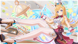1girl agiri_(agiri_box) ahoge apron bare_shoulders blonde_hair blue_eyes blush breasts chef chef_hat cowlick dress escoffier_(genshin_impact) fork_hair_ornament frills genshin_impact hair_ornament hat high-low_skirt highres holding holding_knife holding_ladle ice knife knife_hair_ornament ladle long_hair looking_at_viewer lying mechanical_tail on_back red_ribbon ribbon smile solo soup_ladle symbol-shaped_pupils symbol_in_eye tail thighhighs toque_blanche white_apron white_hat white_thighhighs x_hair_ornament