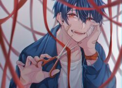 Rule 34 | 1boy, bandaid, bandaid on arm, bandaid on cheek, bandaid on face, bandaid on hand, blue hair, blue jacket, blurry, blurry background, collarbone, commentary request, earrings, fangs, fingernails, grey background, hair between eyes, hand on own face, highres, holding, holding scissors, jacket, jewelry, looking at viewer, male focus, moxamog, open clothes, open jacket, open mouth, original, red eyes, red ribbon, ribbon, scissors, shirt, short hair, smile, solo, stud earrings, teeth, upper body, watch, white shirt, wristwatch