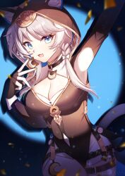 1girl absurdres animal_ears animal_hood armpits belt black_gloves black_leotard blue_eyes breasts cat_ears cat_girl cat_hood cat_tail cipher_(honkai:_star_rail) cleavage coin commentary_request elanore fingerless_gloves gloves grey_hair highres holding holding_coin honkai:_star_rail honkai_(series) hood hooded_leotard large_breasts leotard mole mole_on_breast shoes short_hair_with_long_locks solo spotlight tail thigh_belt thigh_strap thighs twitter_username white_shoes yellow_nails
