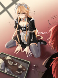 2boys aether_(genshin_impact) alternate_costume alternate_hairstyle apron artist_name black_dress black_jacket black_shoes blonde_hair blush bow broken_cup broken_plate collarbone crossdressing cup detached_collar diluc_(genshin_impact) dress earrings embarrassed enmaided floor flying_sweatdrops frills full_body genshin_impact grey_thighhighs hair_between_eyes highres indoors jacket jewelry juliet_sleeves long_hair long_sleeves looking_at_another low_ponytail maid maid_headdress male_focus male_maid mary_janes multiple_boys open_mouth plate ponytail puffy_sleeves red_hair rinnolatos shadow shoes sidelocks single_earring sitting solo_focus spoon sweatdrop tea thighhighs tray very_long_hair wariza wavy_hair white_apron white_bow wing_collar yellow_eyes