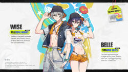 1boy 1girl abs belle_(summer_skies)_(zenless_zone_zero) belle_(zenless_zone_zero) black_hat blue_hair bowl bowl_hat bracelet breasts cleavage closed_mouth commentary crop_top crossed_bangs earrings english_commentary english_text fish_hat flower green_eyes hair_between_eyes hat highres jewelry looking_at_viewer medium_breasts nail_polish navel necklace official_alternate_costume official_art open_clothes orange_shorts sandals see-through_clothes shirt short_hair shorts smile stomach swimsuit tied_shirt white_shirt wise_(peaceful_waves)_(zenless_zone_zero) wise_(zenless_zone_zero) zenless_zone_zero