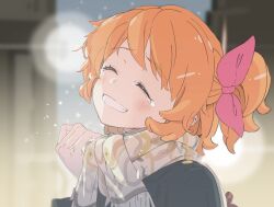 1girl absurdres aikatsu! aikatsu!_(series) blue_coat blurry blurry_background blush bow close-up closed_eyes coat facing_viewer grin hair_bow hand_up happy_tears highres official_alternate_hairstyle one_side_up outdoors ozora_akari pink_bow saitou_atsushi_(kamatamanankotu) scarf short_hair smile solo tears white_scarf
