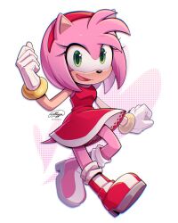 1girl amy_rose animal_ears boots dress furry furry_female gloves green_eyes hairband highres itsalezzia looking_at_viewer multicolored_boots open_mouth pink_fur red_boots red_dress red_hairband signature sleeveless sleeveless_dress solo sonic_(series) tail two-tone_boots white_boots white_gloves
