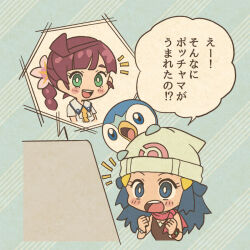 2girls :o beanie blue_eyes blue_hair blush blush_stickers bracelet braid bright_pupils chibi chloe_(pokemon) collar commentary_request cropped_torso dawn_(pokemon) eyelashes gen_4_pokemon green_eyes hair_ornament hat jewelry long_hair mojacookie multiple_girls nintendo notice_lines official_art on_head open_mouth pink_scarf piplup pokemon pokemon_(anime) pokemon_(creature) pokemon_journeys pokemon_on_head poketch red_hair scarf second-party_source short_sleeves single_braid sleeveless smile speech_bubble teeth translation_request upper_teeth_only watch white_hat white_pupils wristwatch