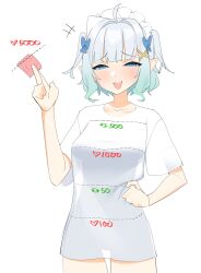 1girl absurdres ahoge blue_bow blue_eyes blush bow breasts commentary condom condom_wrapper cowboy_shot cut-here_line english_commentary gradient_hair green_hair grey_hair hair_bow hair_ornament half-closed_eyes hand_on_own_hip highres holding holding_condom indie_virtual_youtuber kijikoru looking_at_viewer maid_headdress medium_breasts mint_fantome multicolored_hair open_mouth pointy_ears see-through_clothes see-through_shirt shirt short_hair short_sleeves simple_background smile solo twitter_cutting_game white_background white_shirt x_hair_ornament