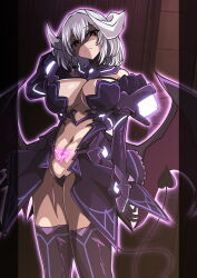 1girl absurdres aoi_tabane azur_lane breasts cleavage corruption cosplay dark_persona demon_girl demon_horns demon_tail demon_wings gloves heart_maebari highres horns kouyoku_senki_exs-tia large_breasts lilistia looking_at_viewer low_wings maebari navel outline pink_outline pubic_tattoo red_eyes revealing_clothes shaded_face short_hair sirius_(azur_lane) solo stomach tail tattoo thighhighs thighs white_hair wings