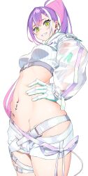 1girl absurdres breasts commentary_request ear_piercing gashino gloves green_eyes hand_on_own_hip high_ponytail highres hololive looking_at_viewer midriff navel_piercing official_alternate_costume piercing ponytail purple_hair see-through_clothes shirt short_shorts shorts solo tattoo tokoyami_towa tokoyami_towa_(cyberpunk) virtual_youtuber white_shirt