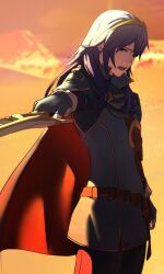 1girl blue_eyes blue_gloves blue_hair cape commentary english_commentary falchion_(fire_emblem) fingerless_gloves fire_emblem fire_emblem_awakening gloves highres holding holding_sword holding_weapon long_hair long_sleeves looking_at_viewer lucina_(fire_emblem) nintendo open_mouth orange_sky outdoors pointing_melee_weapon pointing_sword sky solo sunset sword teeth tiara tongue vibratix weapon