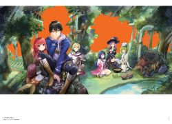 2boys 4girls :/ :o arch arm_support between_legs black_hair black_legwear blonde_hair blue_eyes blue_hair bored bowl brown_eyes cooking cutting_board detached_sleeves dress eating fantasy fire food forest fuumi_(radial_engine) green_hair hand_between_legs hand_on_own_cheek hand_on_own_face hat highres kneeling crossed_legs light_rays long_hair looking_at_viewer lv_999_no_murabito meat monster multiple_boys multiple_girls nabe nature one_eye_closed open_mouth original overgrown pond pot purple_hair railing red_hair rock ruins scan short_hair sign sitting smile soup squirrel stirring sword thighhighs tiara water weapon white_legwear witch_hat
