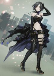 1girl black_gloves black_socks blue_hair earrings gloves high_heels idolmaster idolmaster_cinderella_girls infukun jewelry short_hair socks solo standing yellow_eyes