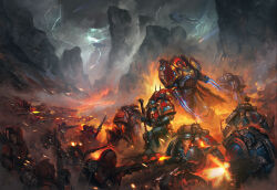 6+boys absurdres adeptus_astartes aircraft airplane angry armor army battle black_hair blood blood_on_armor bloody_knife blue_armor bone_ornament breastplate casing_ejection chain chainsword chaos_space_marine clenched_hand cliff cloak cloud cloudy_sky commentary death dual_wielding english_commentary explosive fighter_jet fighting_stance fire firing full_armor full_body gauntlets greaves grenade gun handprint helmet highres holding holding_blade holding_bolter holding_knife holding_sword holding_weapon knife konrad_curze lightning male_focus mercy_and_forgiveness_(warhammer) military_uniform military_vehicle multiple_boys muzzle_flash night_lords no_headwear official_art ornate_armor outdoors pauldrons pelvic_curtain planted planted_sword planted_weapon power_armor primarch red_armor red_cloak ribs rifle rock roman_numeral screaming severed_hand severed_head shell_casing shoulder_armor skull skull_belt skull_ornament sky smoke solar_auxilia sparkle spiked_helmet spiked_pauldrons sword vambraces victor_fernandez warhammer_40k weapon winged_helmet winged_skull